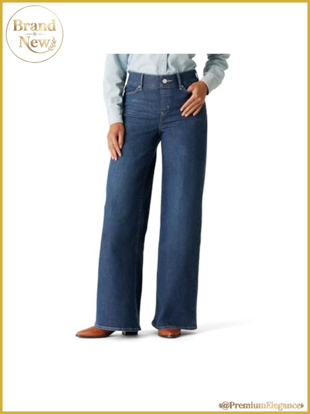 Wide Leg Jeans Cotton Blend Pull On Shaping Tummy Control Stretch Denim